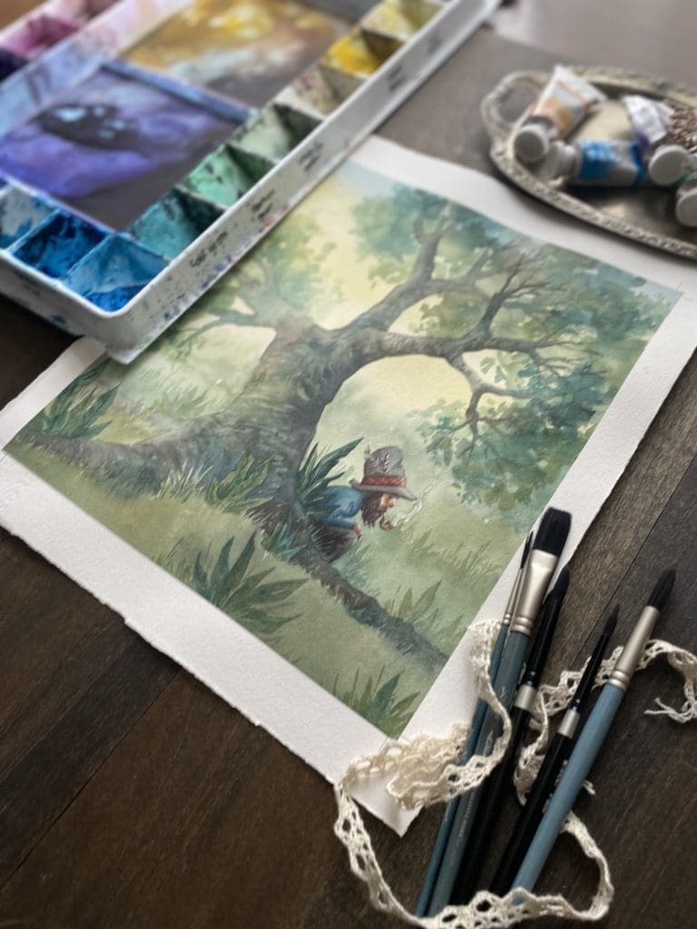 Watercolor illustration by Manelle Oliphant. Dwarf under a tree fantasy art. tales fantastic blog