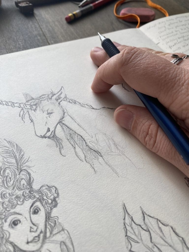 Image from Manelle Oliphant's Sketchbook. Unicorn sketch