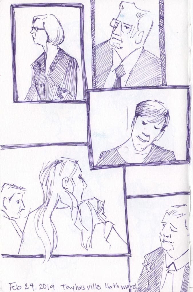 Image from Manelle Oliphant's Sketchbook. Drawing Heads at church